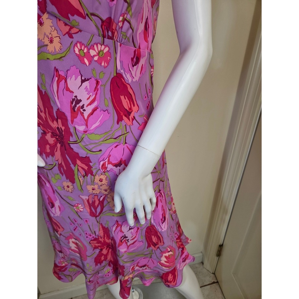 Betsey Johnson Vintage Y2K Pink Floral Silk Slip Dress Ruffle Hem Petite L - Picture 4 of 14